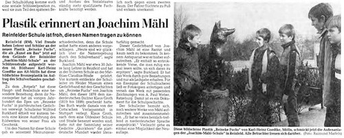 Zeitungsartikel zur Aufstellung der Bronzefigur "Reinke Fuchs" vor der Joachim-Mähl-Schule, 1984